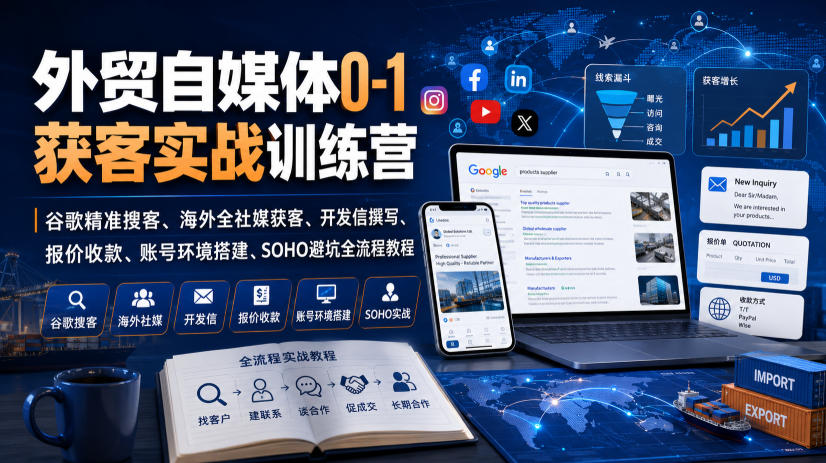 外贸自媒体0-1获客实战训练营｜谷歌精准搜客、海外全社媒获客、开发信撰写、报价收款、账号环境搭建、SOHO避坑全流程教程-优优云网创