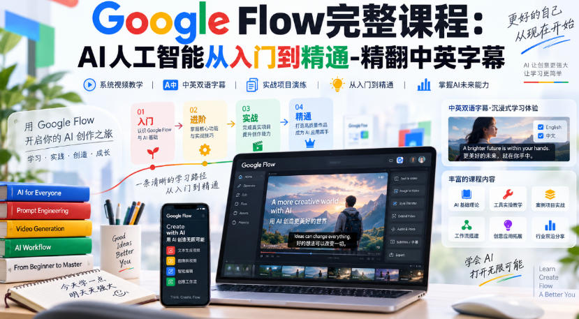 【无水印】Google Flow完整课程：AI人工智能从入门到精通-精翻中英字幕-优优云网创