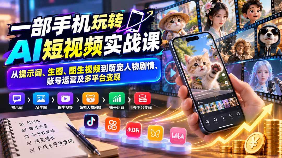 （20663期）一部手机玩转AI短视频实战课：从提示词、生图、图生视频到萌宠人物剧情、账号运营及多平台变现-优优云网创