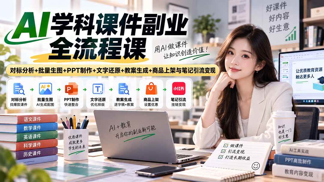 (20469期)AI学科课件副业全流程课|对标分析+批量生图+PPT制作+文字还原+教案生成+商品上架与笔记引流变现-优优云网创