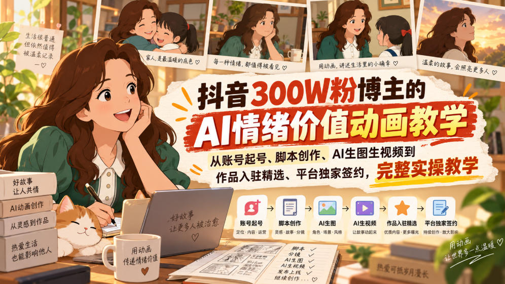 抖音300W粉博主的AI情绪价值动画教学，从账号起号、脚本创作、AI生图生视频到作品入驻精选、平台独家签约，完整实操-优优云网创