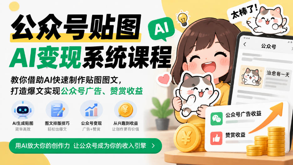 公众号贴图AI变现系统课程｜教你借助AI快速制作贴图图文，打造爆文实现公众号广告、赞赏收益-优优云网创