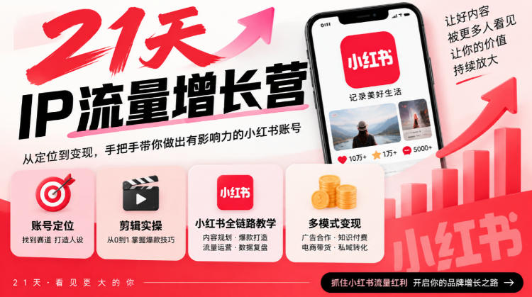 21天IP流量增长营，小红书全链路教学，账号定位剪辑实操，多模式变现系统课-优优云网创