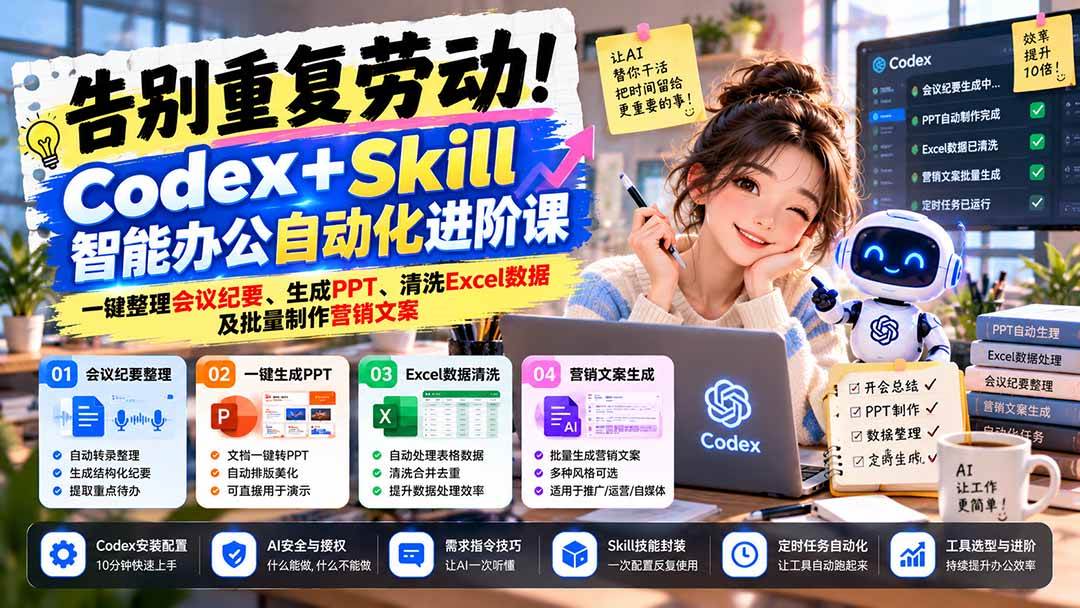 （21001期）告别重复劳动！Codex+Skill智能办公自动化进阶课：一键整理会议纪要、生成PPT、清洗Excel数据及批量制作营销文案-优优云网创