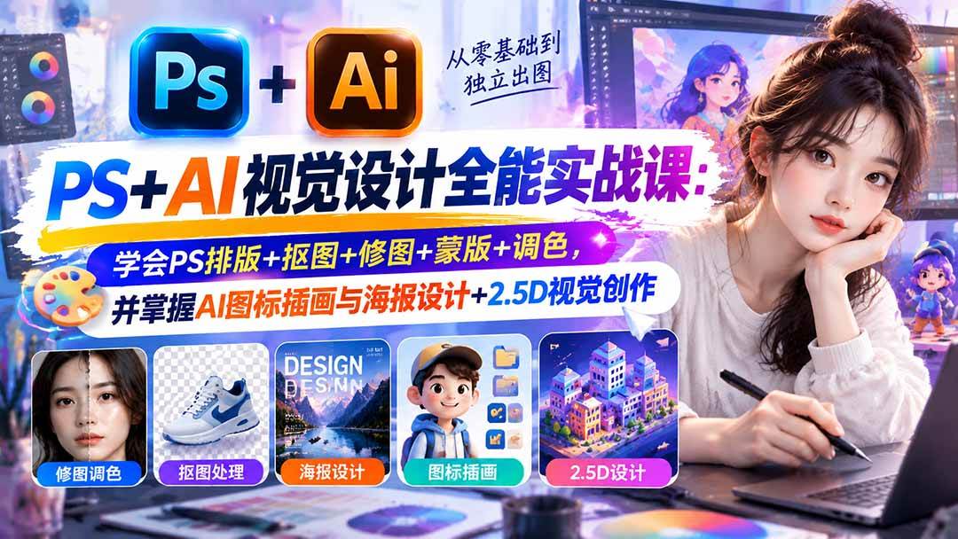 （20749期）【无水印】PS+AI视觉设计全能实战课：学会PS排版+抠图+修图+蒙版+调色，并掌握AI图标插画与海报设计+2.5D视觉创作-优优云网创