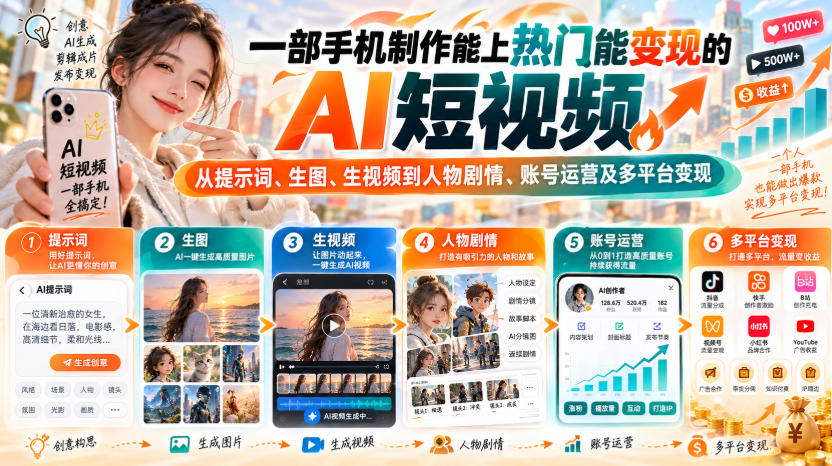 【无水印】一部手机制作能上热门能变现的AI短视频，从提示词、生图、生视频到人物剧情、账号运营及多平台变现-优优云网创