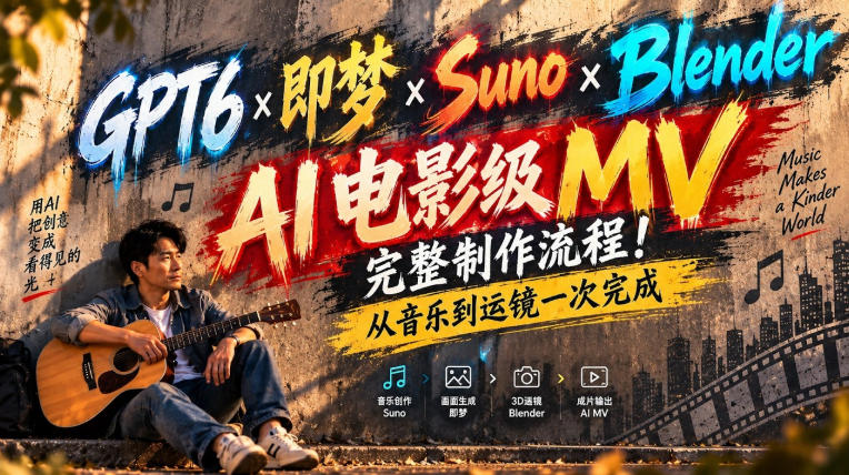GPT6×即梦×Suno×Blender｜AI电影级MV完整制作流程！从音乐到运镜一次完成！-优优云网创