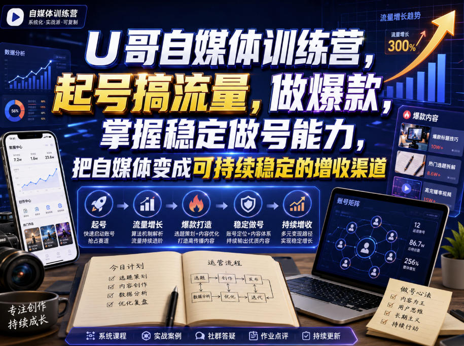 U哥自媒体训练营，起号搞流量，做爆款，掌握稳定做号能力，把自媒体变成可持续稳定的增收渠道-优优云网创