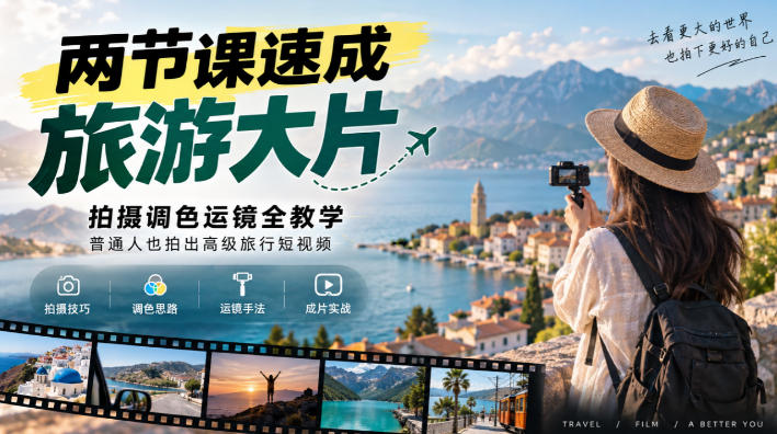 两节课速成旅游大片｜拍摄调色运镜全教学，普通人也拍出高级旅行短视频-优优云网创