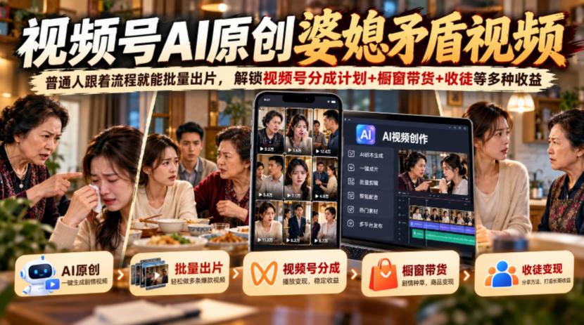 视频号ai原创婆媳矛盾视频，普通人跟着流程就能批量出片，解锁视频号分成计划+橱窗带货+收徒等多种收益-优优云网创
