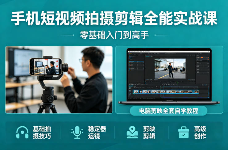 手机短视频拍摄剪辑全能实战课：零基础入门到高手，稳定器运镜+电脑剪映全套自学教程-优优云网创