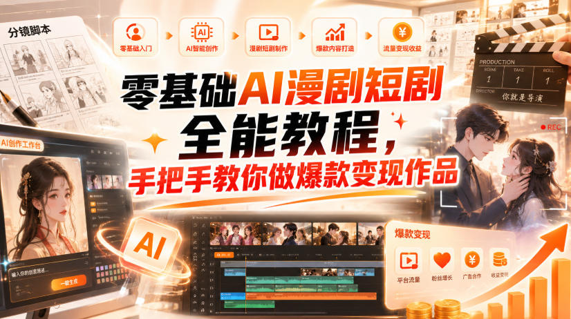 零基础AI漫剧短剧全能教程，从AI智能体搭建、文案脚本分镜、多平台AI生视频、剪映精修，覆盖全题材创作，手把手教你做爆款变现作品-优优云网创