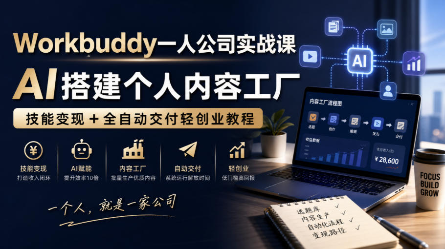 Workbuddy一人公司实战课，AI搭建个人内容工厂，技能变现+全自动交付轻创业教程-优优云网创