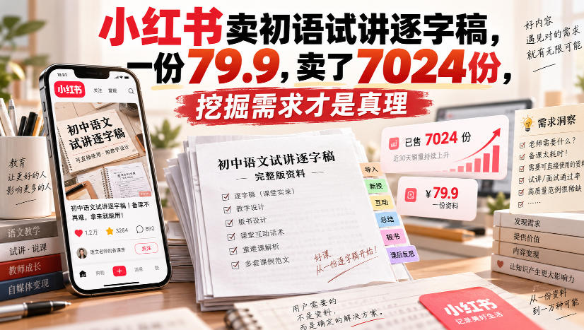 小红书卖初语试讲逐字稿，一份79.9，卖了7024份，挖掘需求才是真理-优优云网创