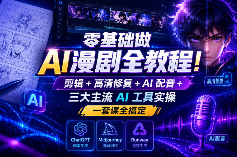 零基础做AI漫剧全教程！剪辑+高清修复+AI配音+三大主流AI工具实操，一套课全搞定-优优云网创