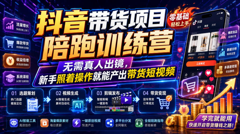抖音带货项目陪跑训练营，无需真人出镜，新手照着操作就能产出带货短视频（更新0811）-优优云网创
