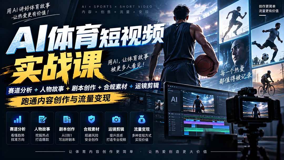 （20515期）AI体育短视频赛道顶级玩法｜赛道分析+人物故事+剧本创作+版权处理+运镜剪辑，跑通流量变现-日赚1K+-优优云网创