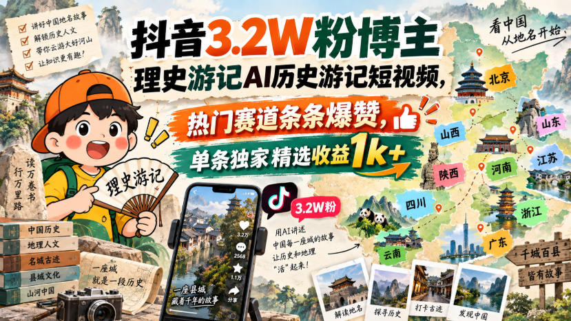 抖音3.2W粉博主理史游记AI历史游记短视频教学，热门赛道条条爆赞，单条独家精选收益1k+-优优云网创