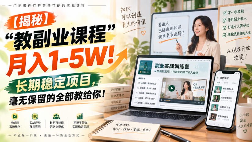 【揭秘】“教副业课程”月入1-5W！长期稳定项目，毫无保留的全部教给你！-优优云网创