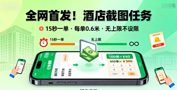 全网首发！酒店截图任务，15秒一单，每单0.6米，任务无上限不设限，矩阵操作单日3张到手【揭秘】-优优云网创