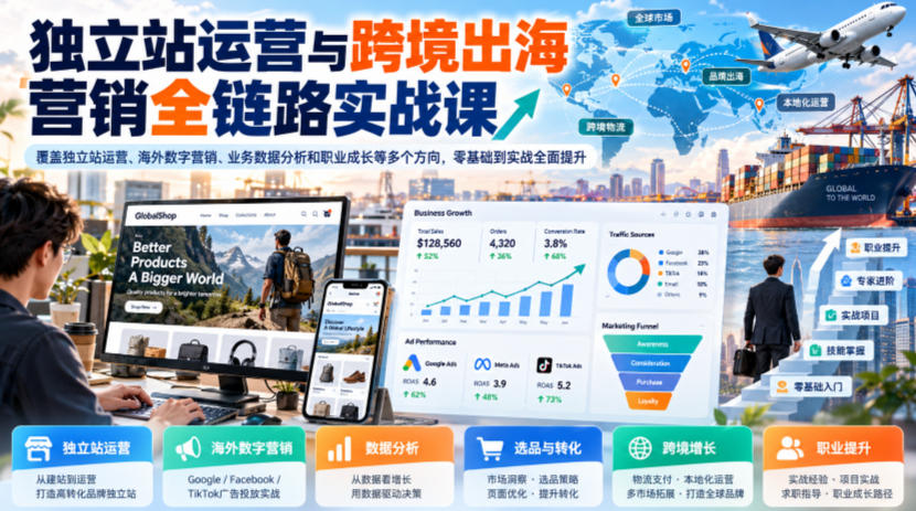 独立站运营与跨境出海营销全链路实战课，覆盖独立站运营、海外数字营销、业务数据分析和职业成长等多个方向，零基础到实战全面提升-优优云网创