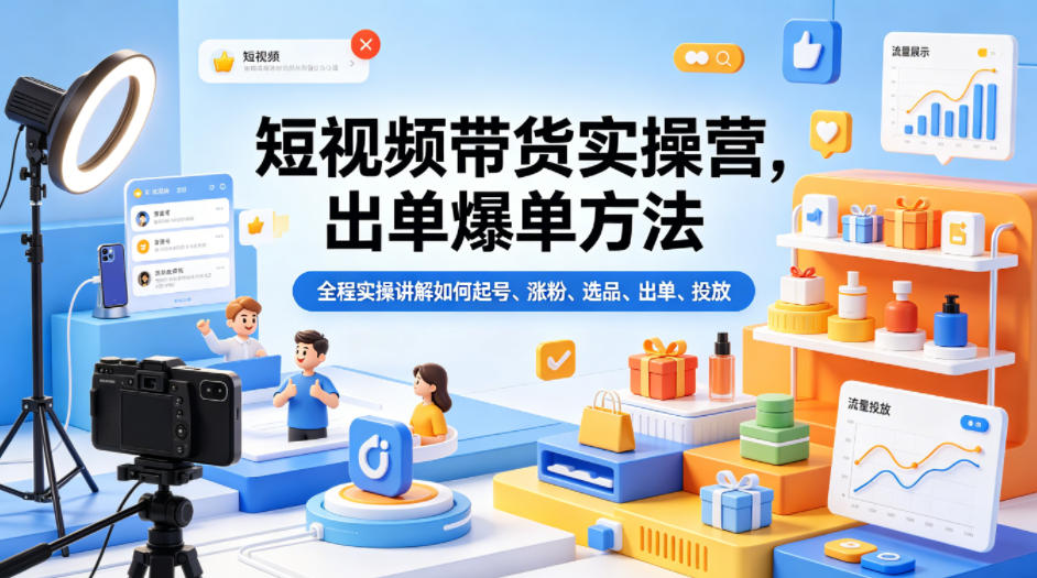 短视频带货实操营，出单爆单方法，全程实操讲解如何起号、涨粉、选品、出单、投放（更新0515）-优优云网创