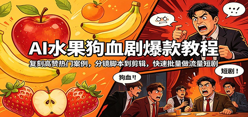 AI水果狗血剧爆款教程:复刻高赞热门案例,分镜脚本到剪辑,快速批量做流量短剧-优优云网创