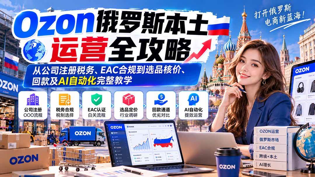 （20851期）Ozon俄罗斯本土运营全攻略：从公司注册税务、EAC合规到选品核价、回款及AI自动化完整教学-优优云网创