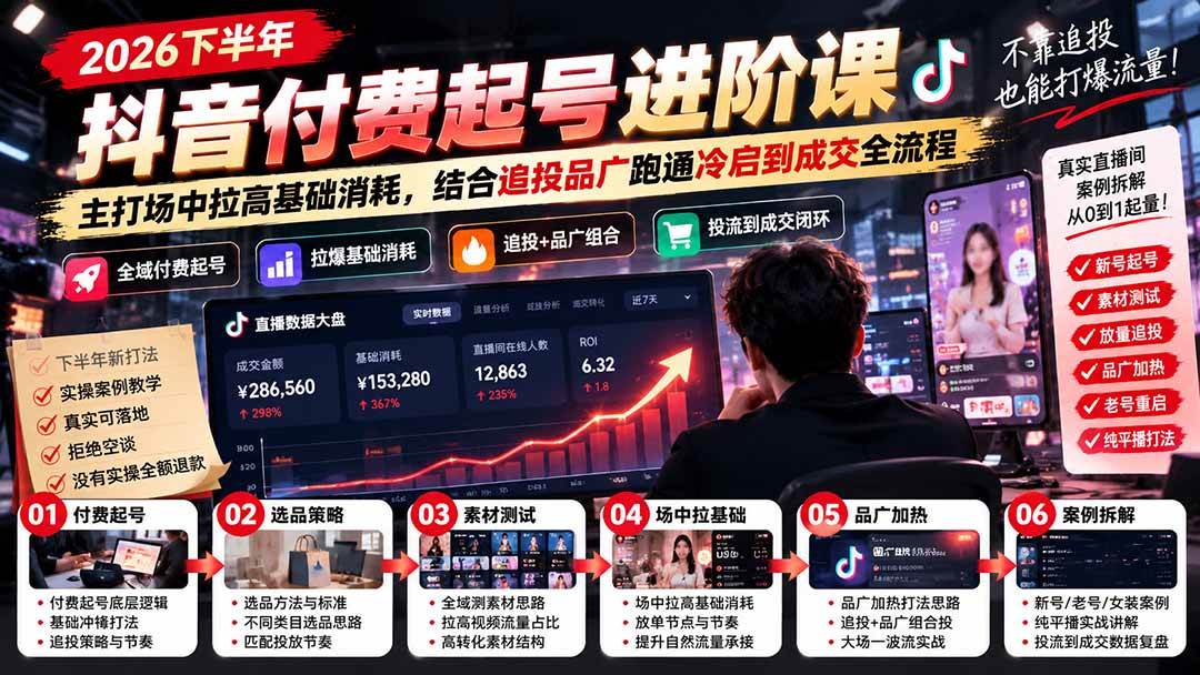 （20671期）2026下半年抖音付费起号进阶课：主打场中拉高基础消耗，结合追投品广跑通冷启到成交全流程-优优云网创