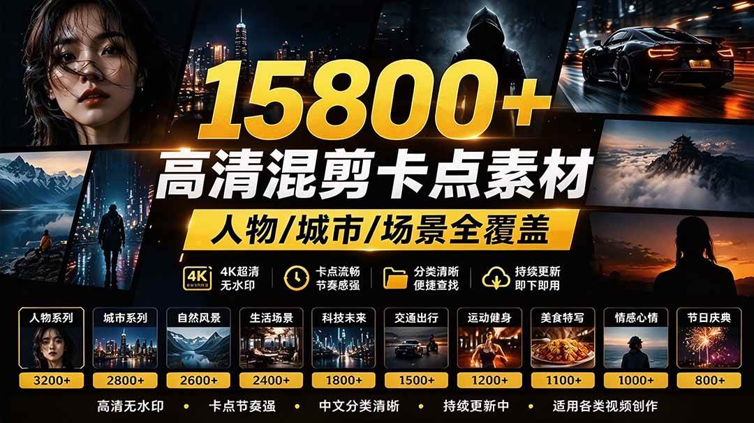 （21008期）【影视剪辑素材合集】15800+高清混剪卡点｜热门影视精彩片段｜人物/城市/场景全覆盖，中文分类清晰-优优云网创