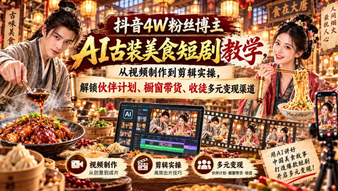 抖音4W粉丝博主AI古装美食短剧教学，从视频制作到剪辑实操，解锁伙伴计划、橱窗带货、收徒多元变现渠道-优优云网创
