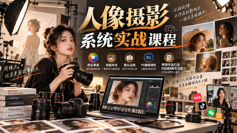 【无水印】人像摄影系统实战课程，色彩审美、构图布光、镜头运用、PS精修调色，附带作品打造与自媒体账号运营-优优云网创