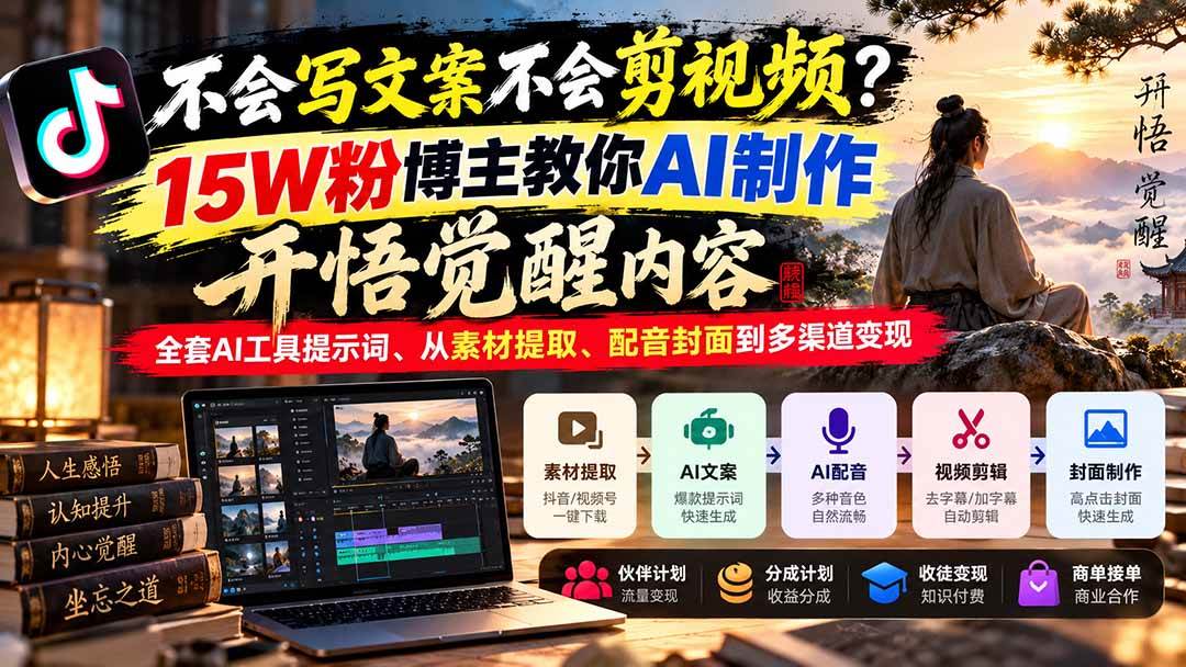 （21085期）不会写文案不会剪视频？15W粉博主教你AI制作开悟觉醒内容，全套AI工具提示词、从素材提取、配音封面到多渠道变现-优优云网创