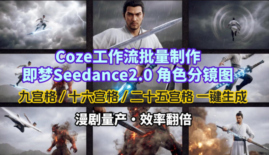 Coze工作流批量制作即梦Seedance2.0角色分镜图，九宫格-十六宫格-二十五宫格一键生成，漫剧量产，效率翻倍-优优云网创
