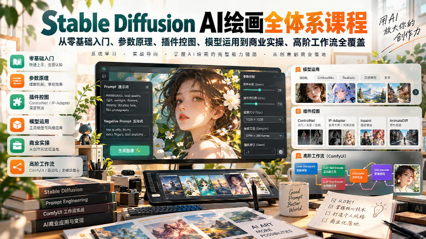 【无水印】Stable Diffusion AI绘画全体系课程，从零基础入门、参数原理、插件控图、模型运用到商业实操、高阶工作流全覆盖-优优云网创