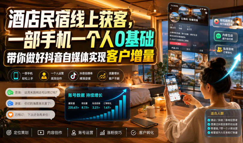 酒店民宿线上获客，一部手机一个人0基础带你做好抖音自媒体实现客户增量-优优云网创