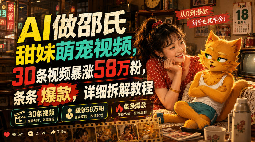 AI做邵氏甜妹萌宠视频,30条视频暴涨58万粉,条条爆款,详细拆解教程-优优云网创