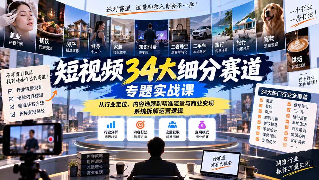 (20600期)短视频34大细分赛道专题实战课:从行业定位、内容选题到精准流量与商业变现,系统拆解运营逻辑-优优云网创