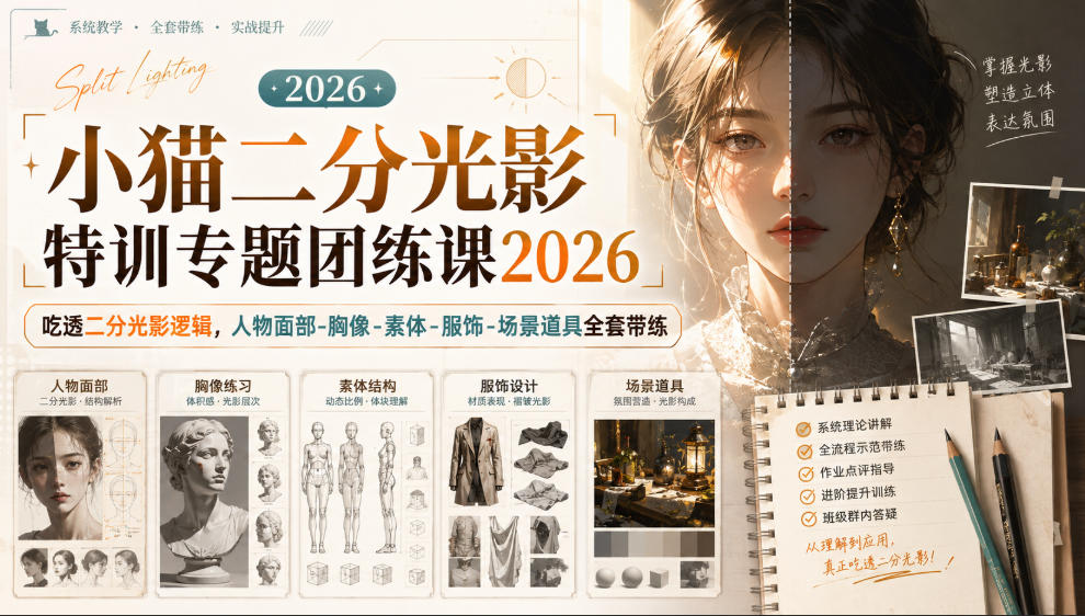 小猫二分光影特训专题团练课2026｜吃透二分光影逻辑，人物面部‑胸像‑素体‑服饰‑场景道具全套带练，高清画质附赠课件与笔刷-优优云网创