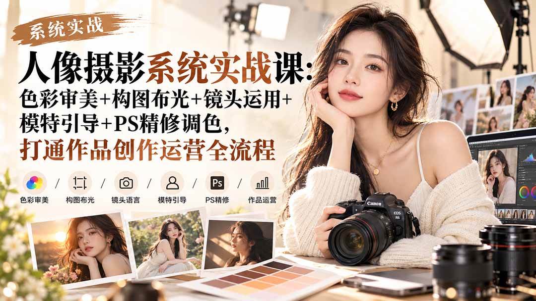 （20623期）【无水印】人像摄影系统实战课：色彩审美+构图布光+镜头运用+模特引导+PS精修调色，打通作品创作运营全流程-优优云网创