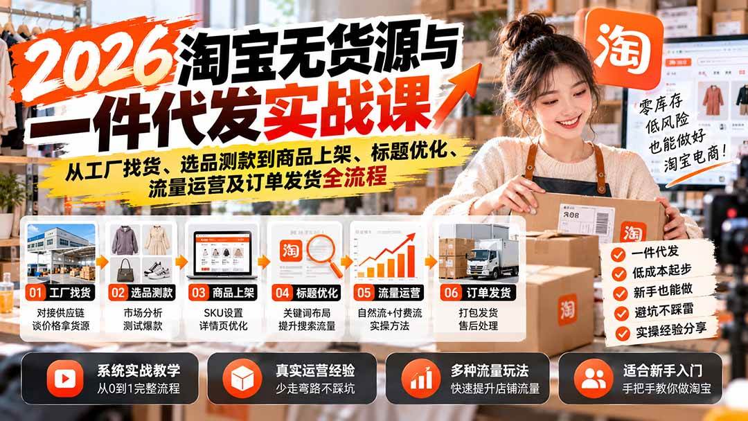 （20903期）2026淘宝无货源与一件代发实战课：从工厂找货、选品测款到商品上架、标题优化、流量运营及订单发货全流程-优优云网创