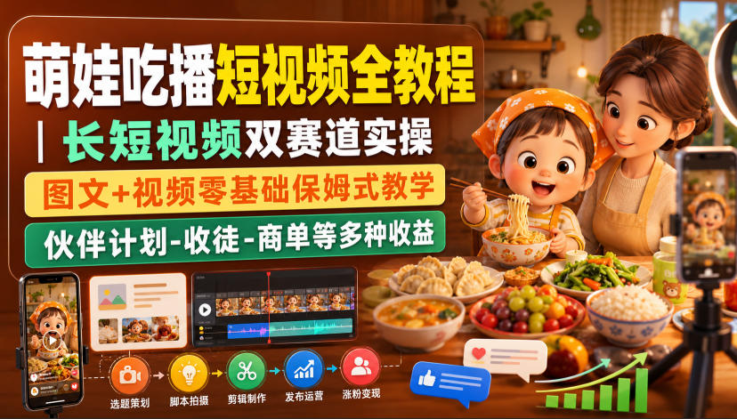 萌娃吃播短视频全教程｜长短视频双赛道实操，图文+视频零基础保姆式教学，伙伴计划-收徒-商单等多种变现方式-优优云网创