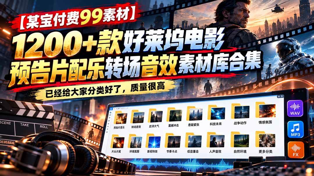 （20797期）【某宝付费99素材】1200+款好莱坞电影预告片配乐转场音效素材库合集-优优云网创